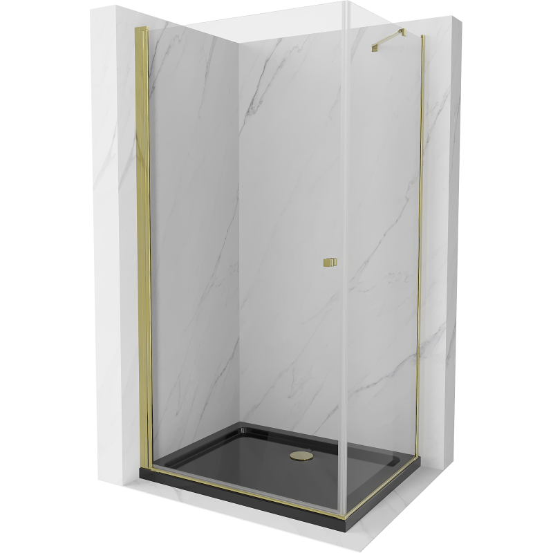 Mexen Pretoria cabină de duș cu ușă batantă 100 x 90 cm, transparentă, auriu + cadă de duș Flat, negru - 852-100-090-50-00-4070G