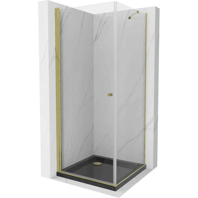 Mexen Pretoria cabină de duș batantă 100 x 100 cm, transparent, auriu + cadă Flat, negru - 852-100-100-50-00-4070G