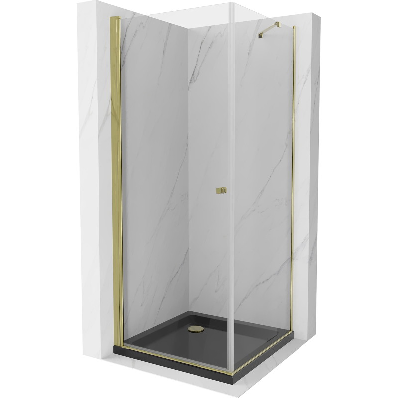 Mexen Pretoria cabina de duș cu deschidere laterală 100 x 100 cm, transparent, aurie + cadă de duș Flat, neagră