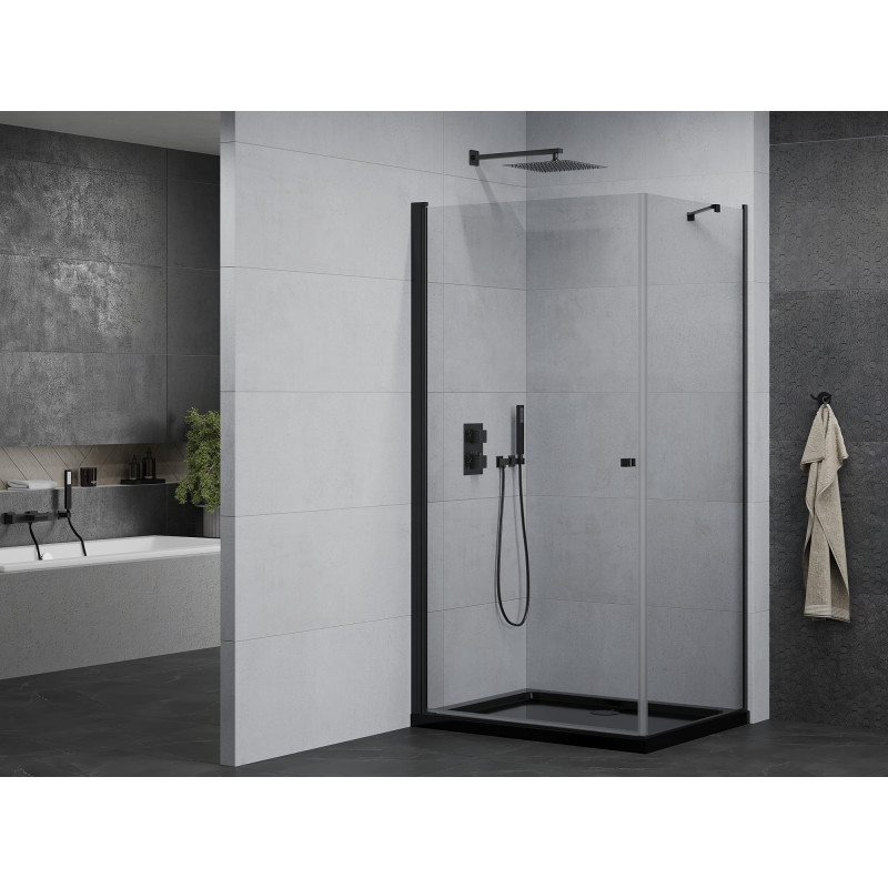 Mexen Pretoria cabina de duș cu balamale 80 x 70 cm, transparentă, neagră + cadă de duș Flat, neagră
