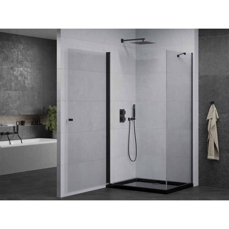 Mexen Pretoria 80 x 90 cm-es nyíló zuhanykabin, átlátszó, fekete + Flat zuhanytálca, fekete - 852-080-090-70-00-4070B