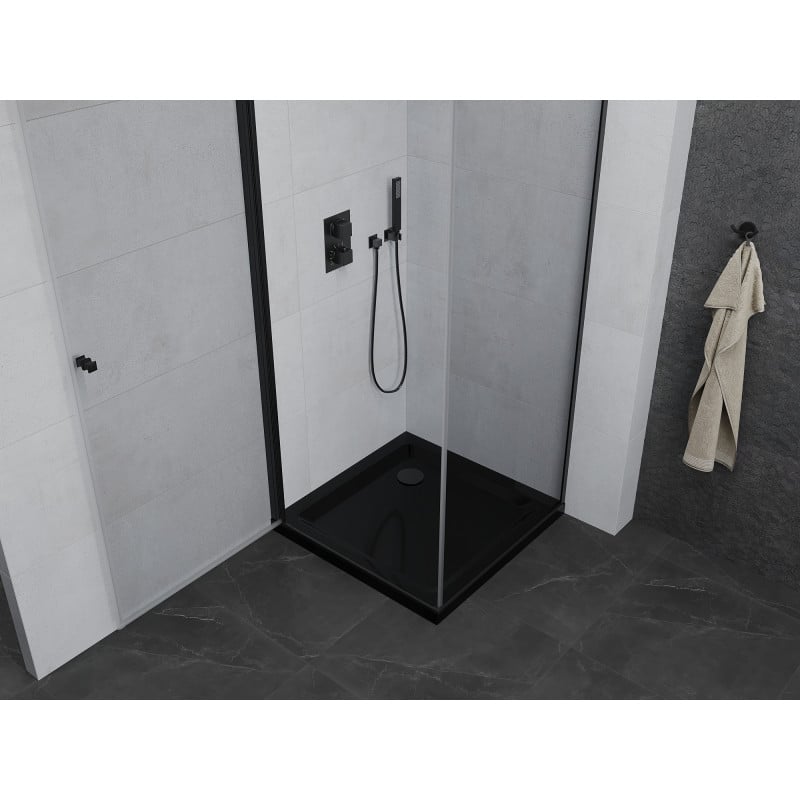 Mexen Pretoria cabină de duș pivotantă 90 x 90 cm, transparentă, neagră + cadă de duș Flat, neagră