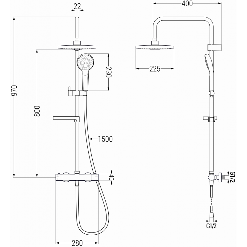 Mexen KX05 set de duș montat pe perete cu sistem de ploaie și baterie termostatică, negru - 771500591-70