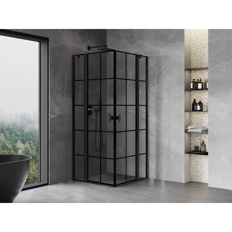 Mexen Mist Cabină de duș dublă cu ușă batantă 95 x 95 cm, grilaj negru, neagră - 8A4-095L-095P-70-77