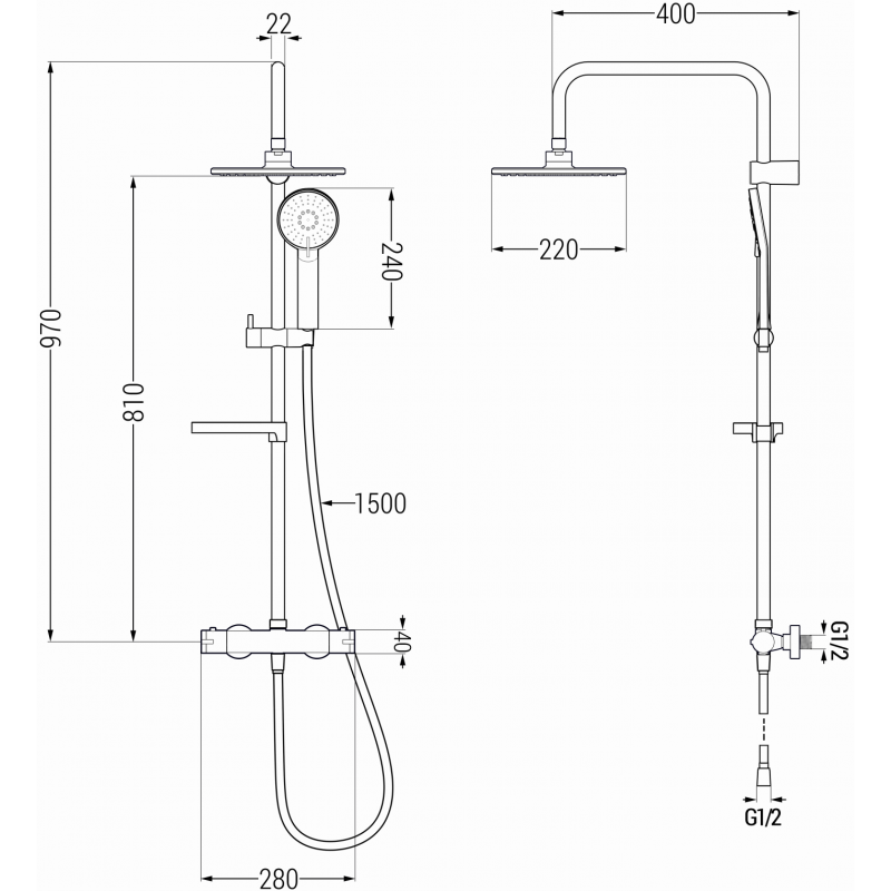 Mexen KX40 set de duș montat la suprafață cu duș deasupra și baterie termostatică, aur roz - 771504091-60