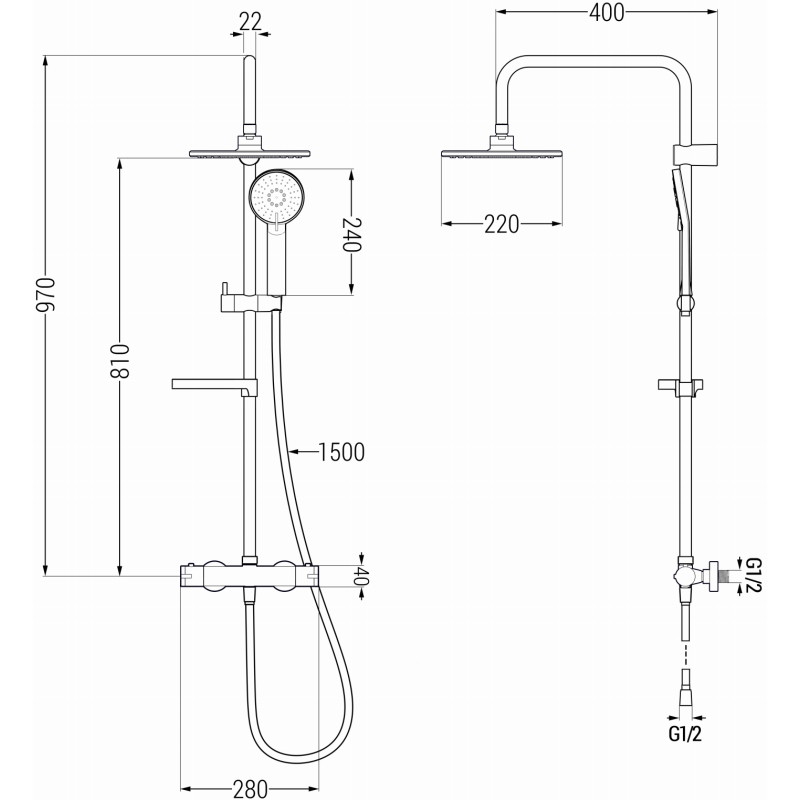Mexen KX40 set de duș montat deasupra cu duș fix și baterie termostatică, gun gray periat - 771504091-66