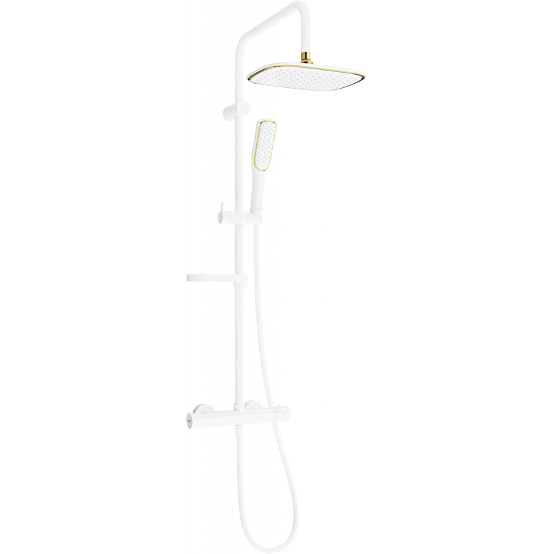 Mexen KX49 set de duș aplicat cu duș fix și baterie termostatică, alb/auriu - 771504091-25