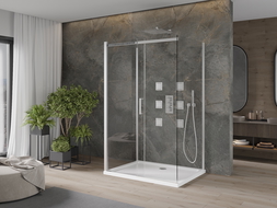 Cabina de duș Mexen Omega cu 3 pereți, glisantă 110 x 80 cm, transparentă, crom + cadă Flat - 825-110-080-01-00-3s-4010