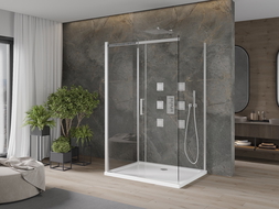 Mexen Omega cabină de duș cu 3 pereți, glisantă 120 x 80 cm, transparent, crom + cadă Flat - 825-120-080-01-00-3s-4010
