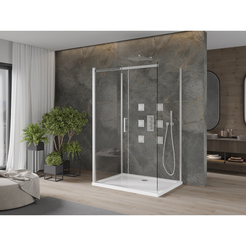 Mexen Omega-3S cabina de duș cu 3 pereți, culisantă 130x90 cm, transparentă, crom + cadă de duș Flat