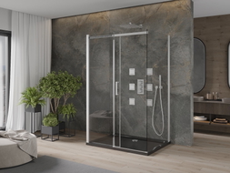 Mexen Omega-3S cabina de duș 3-laterală, glisantă 120x80 cm, transparentă, cromată + cadă Flat - 825-120-080-01-00-3s-4070