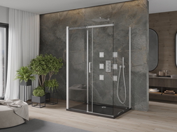 Mexen Omega cabină de duș cu 3 pereți, glisantă 140 x 100 cm, transparent, crom + cadă de duș Flat - 825-140-100-01-00-3s-4070