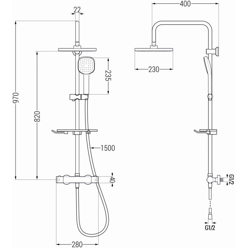 Mexen KT33 set de duș montat pe perete cu duș de ploaie și baterie termostatică, negru - 771503393-70