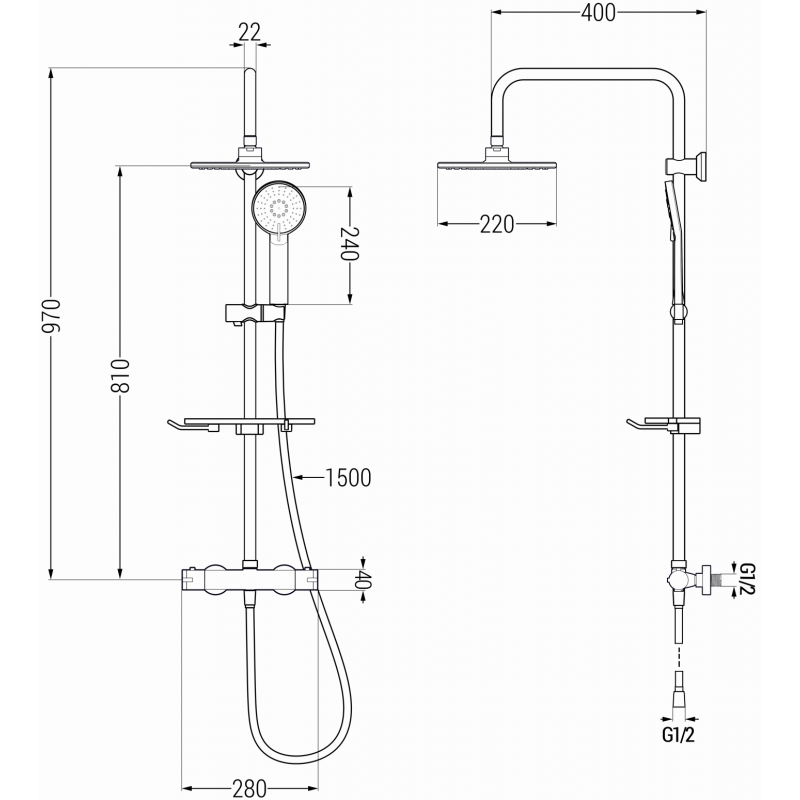 Mexen KT40 set de duș cu montare pe perete, cu duș de ploaie și baterie termostatică, crom - 771504093-00