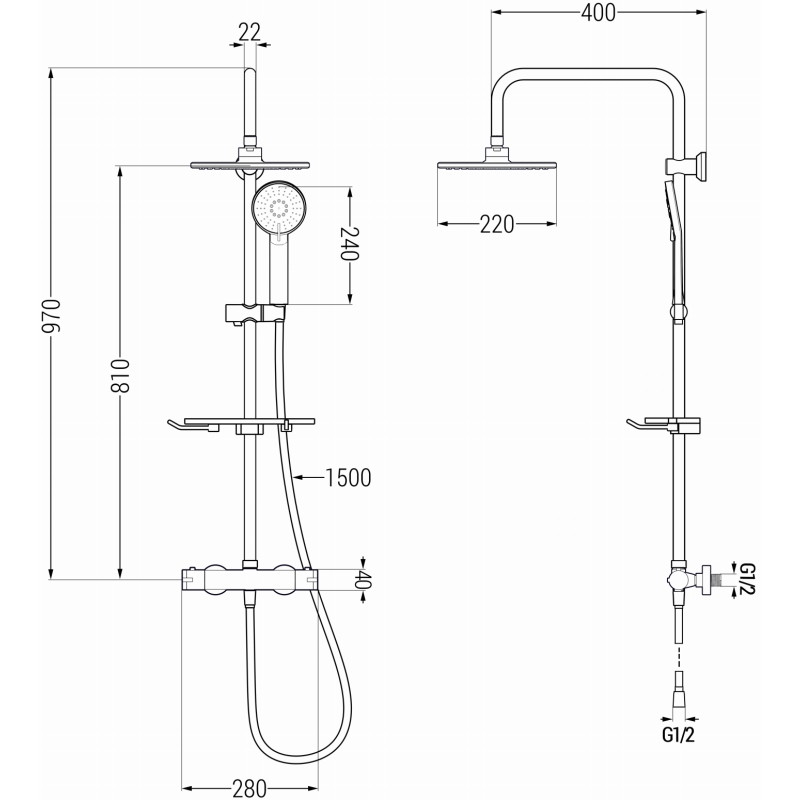 Mexen KT40 set de duș suprapus cu pară de duș și baterie termostatică, gri armă periat - 771504093-66