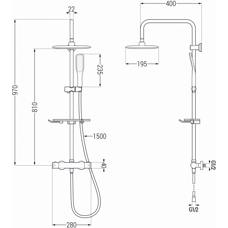 Mexen KT49 set duș aplicat cu duș fix și baterie termostatică, alb/auriu - 771504993-25