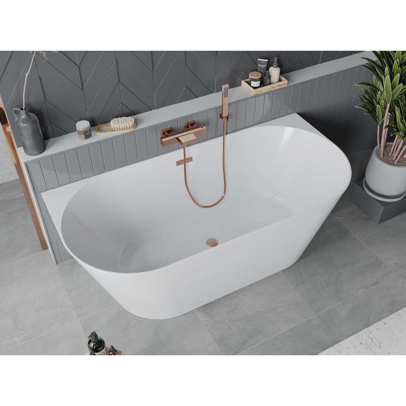 Mexen Oval Slim cadă de baie freestanding lângă perete 170 x 80 cm, albă, preaplin cupru periat - 52661708000-65