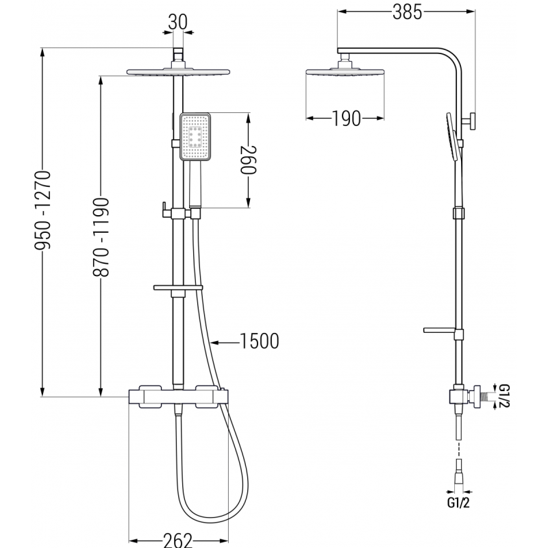 Mexen CQ54 fali zuhany szett kiemelt esőztetővel és termosztatikus szeleppel, fekete/króm - 772505495-71