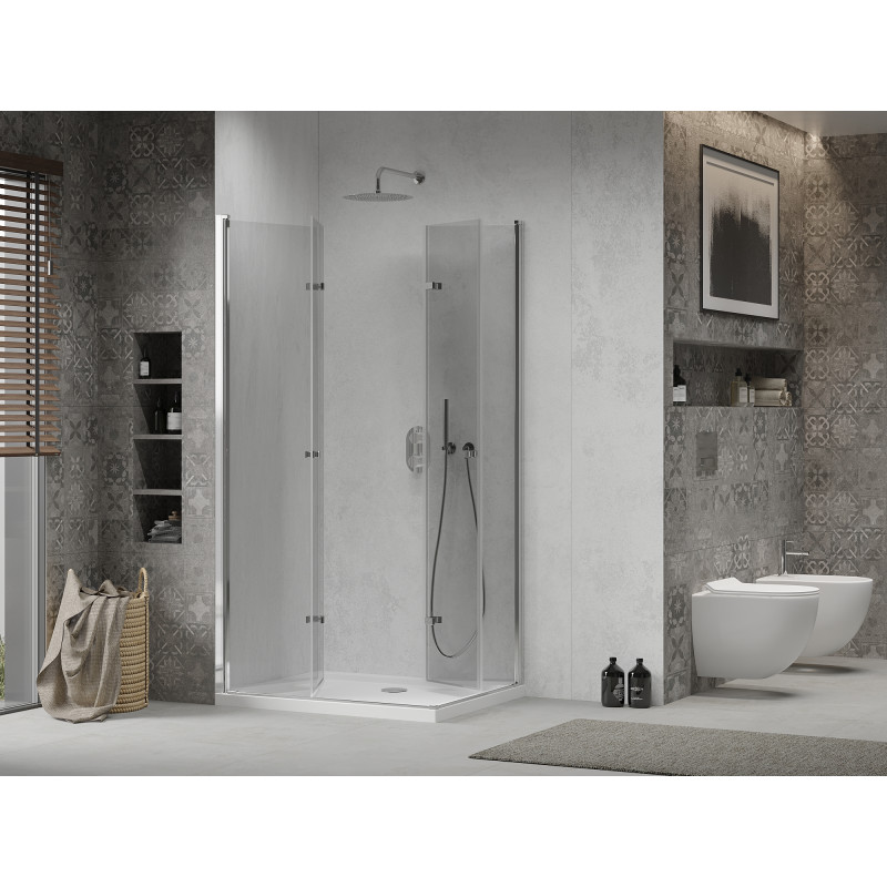 Mexen Lima Cabină de duș cu două uși pliabile 100 x 90 cm, transparentă, crom + cadă de duș Flat - 856-100-090-01-02-4010