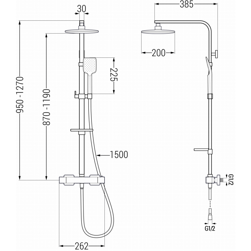 Mexen CQ62 zuhanykészlet fali külső szereléssel, esőztetővel és termosztatikus csapteleppel, króm - 772506295-00