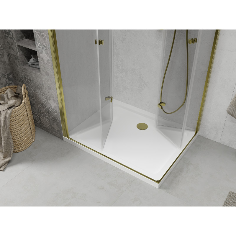 Mexen Lima Cabină de duș Duo pliabilă 90 x 80 cm, transparentă, aurie + cadă de duș Flat - 856-090-080-50-02-4010G