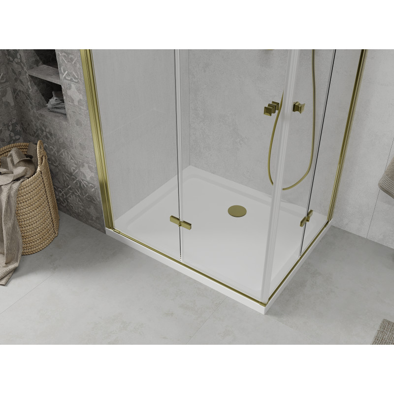 Mexen Lima Cabină de duș Duo pliabilă 90 x 80 cm, transparentă, aurie + cadă de duș Flat - 856-090-080-50-02-4010G