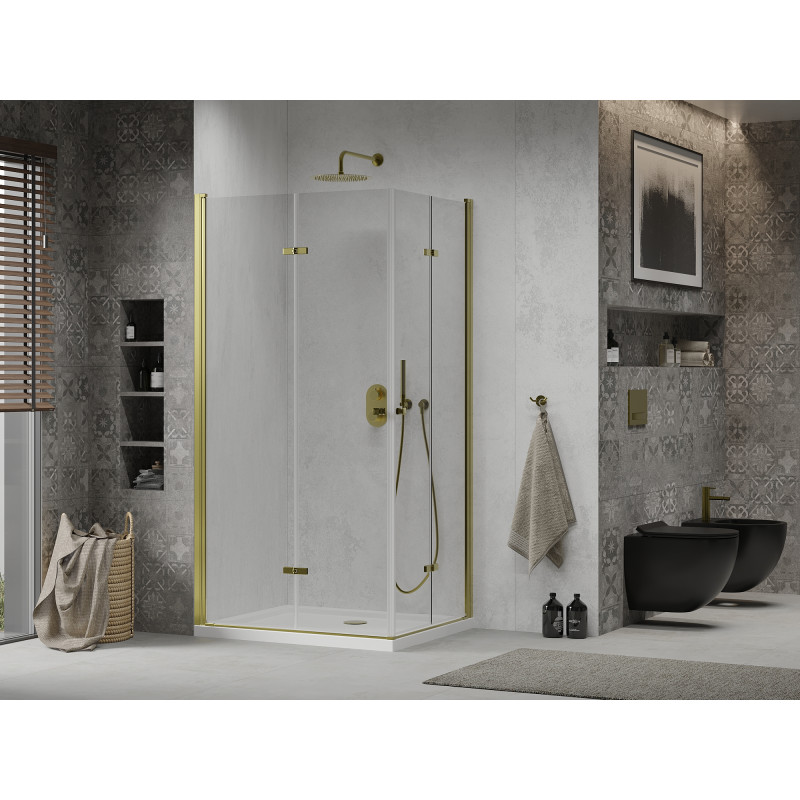 Mexen Lima Cabină de duș Duo pliabilă 90 x 80 cm, transparentă, aurie + cadă de duș Flat - 856-090-080-50-02-4010G