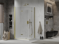 Mexen Lima Cabină de duș Duo pliabilă 90 x 80 cm, transparentă, aurie + cadă de duș Flat - 856-090-080-50-02-4010G