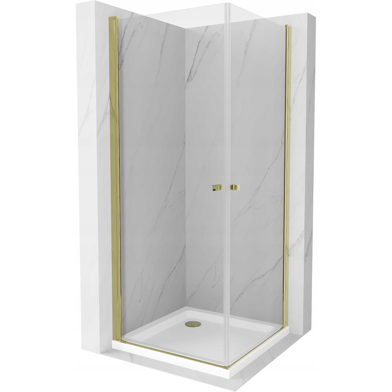 Mexen Pretoria Duo cabină de duș cu uși batante 70 x 70 cm, transparentă, aurie + bazin Flat - 852-070-070-50-02-4010G