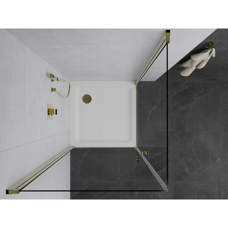 Mexen Pretoria Duo cabină de duș cu uși batante 70 x 70 cm, transparentă, aurie + bazin Flat - 852-070-070-50-02-4010G