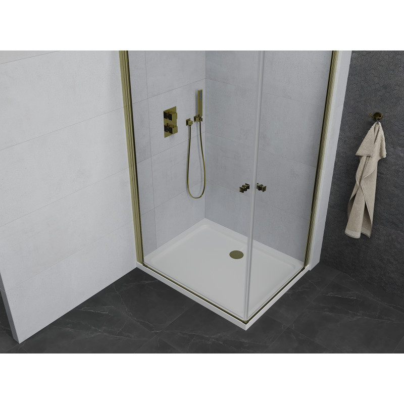 Mexen Pretoria Cabină de duș Duo cu uși batante 80 x 70 cm, transparentă, aurie + cădiță Flat - 852-080-070-50-02-4010G