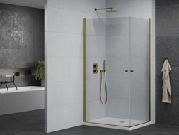Mexen Pretoria Duo cabină de duș cu ușă batantă 90 x 80 cm, transparent, auriu + cadă de duș Flat - 852-090-080-50-02-4010G