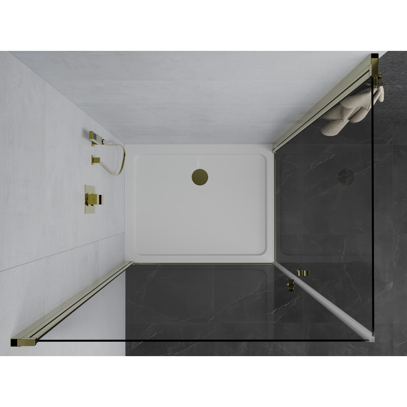 Mexen Pretoria Cabină de duș cu balamale Duo 90 x 80 cm, transparentă, aurie + cadă Flat - 852-090-080-50-02-4010G