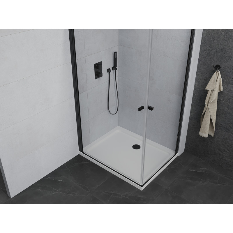 Mexen Pretoria Cabină de duș duo cu ușă batantă 80 x 70 cm, transparentă, neagră + cadă de duș Flat