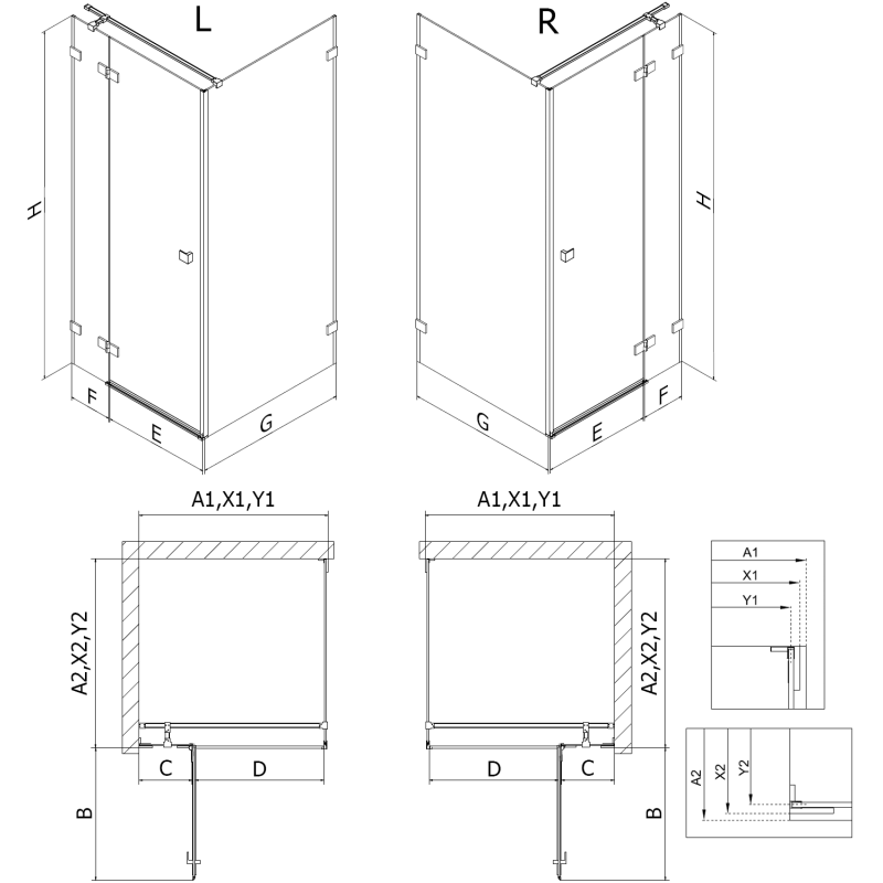 Mexen Lunar T 90 x 90 cm-es jobb oldali zuhanykabin, átlátszó, arany szálcsiszolt - 834T-090-090-55-00-P