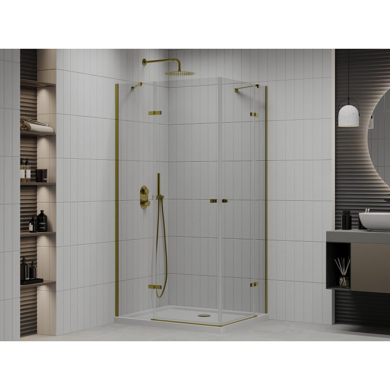 Mexen Roma Cabină de duș Duo cu uși rabatabile 80 x 70 cm, transparentă, auriu + cadă de duș Flat