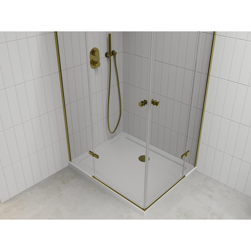 Mexen Roma Cabină de duș Duo cu uși rabatabile 80 x 70 cm, transparentă, auriu + cadă de duș Flat
