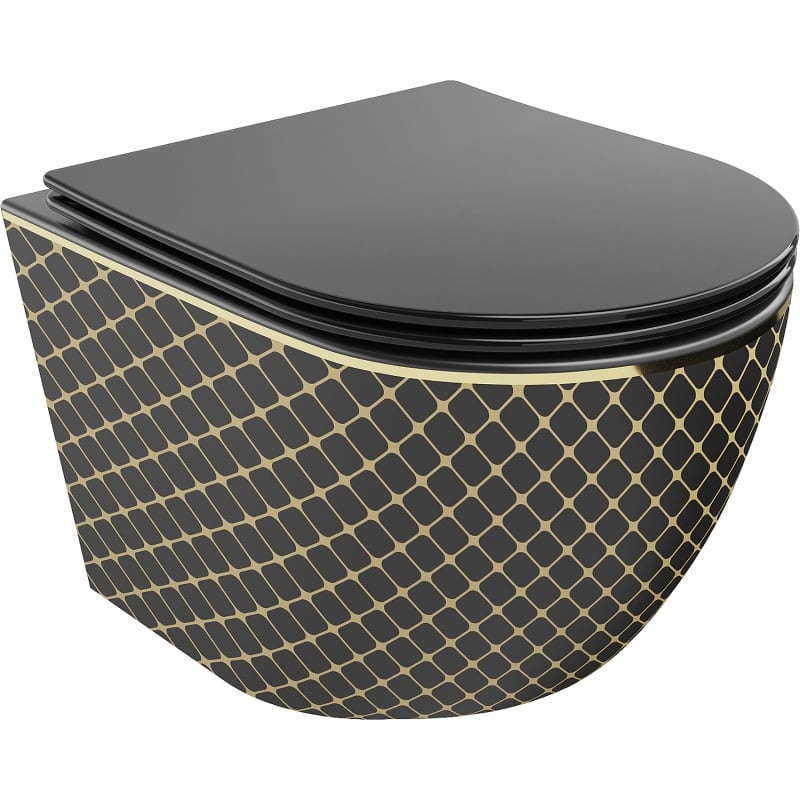 Mexen Lena vas de toaletă fără margini cu capac slim cu închidere lentă, duroplast, negru mat/model auriu pătrate - 30224079