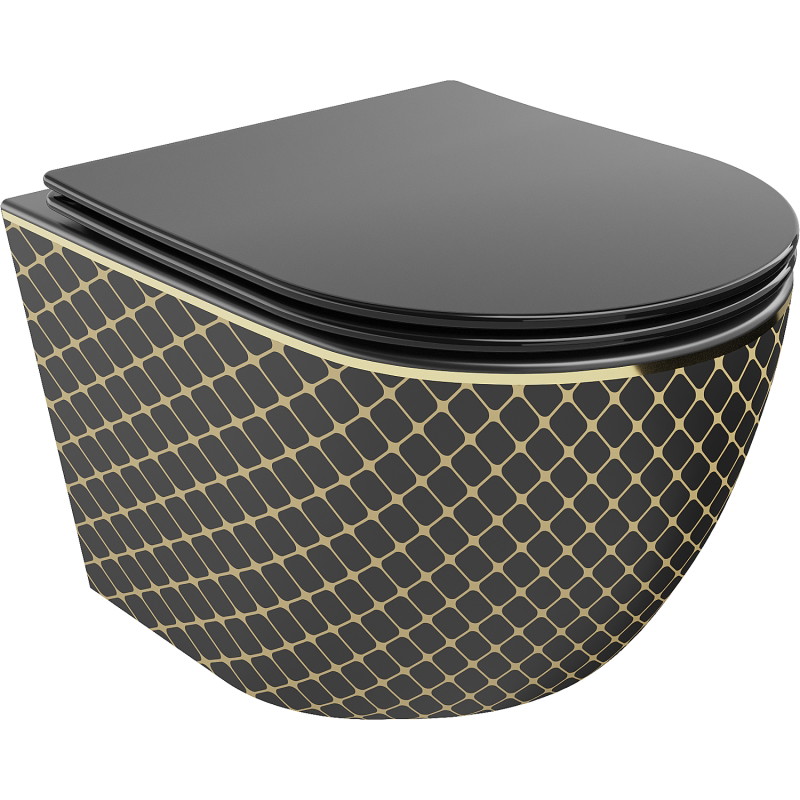 Mexen Lena vas de toaletă WC Rimless cu capac cu cădere lentă slim, duroplast, negru mat/model cu carouri aurii - 30224079