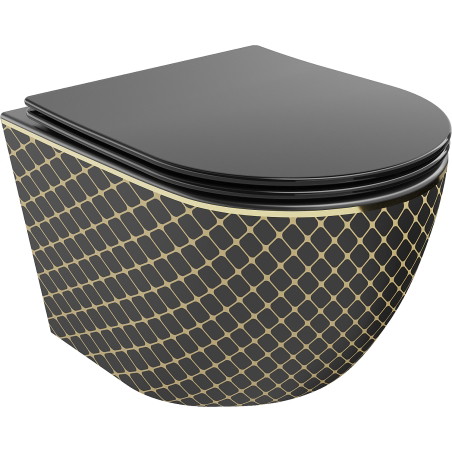 Mexen Lena vas de toaletă WC Rimless cu capac cu cădere lentă slim, duroplast, negru mat/model cu carouri aurii - 30224079
