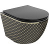 Mexen Lena vas de toaletă WC Rimless cu capac cu cădere lentă slim, duroplast, negru mat/model cu carouri aurii - 30224079