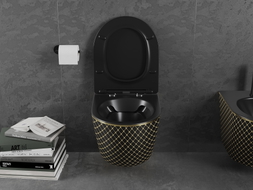Mexen Lena vas de toaletă WC Rimless cu capac cu cădere lentă slim, duroplast, negru mat/model cu carouri aurii - 30224079