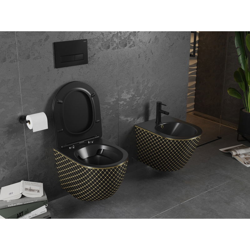 Mexen Lena perem nélküli WC csésze lassan záródó slim duroplast fedéllel, fekete matt/arany rács minta - 30224079