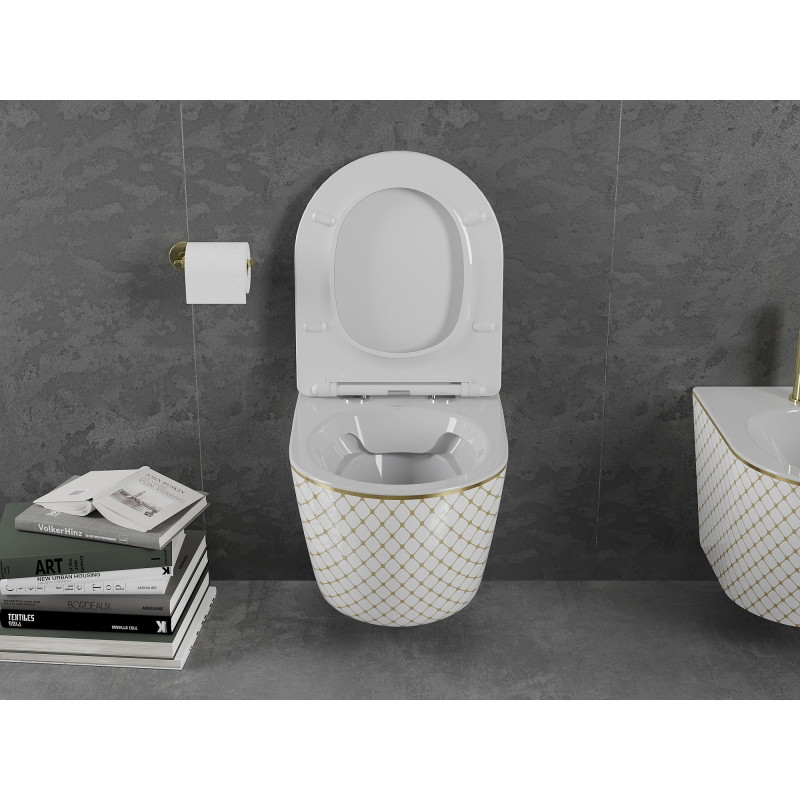 Mexen Lena Rimless WC csésze lassan záródó slim ülőkével, duroplast, fehér/arany kockás minta - 30224009