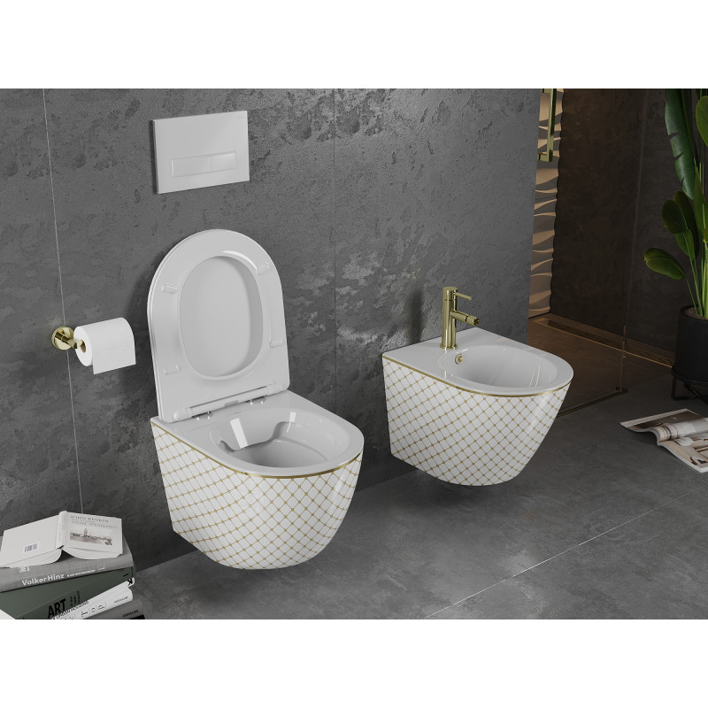 Mexen Lena Rimless WC csésze lassan záródó slim duroplaszt üléssel, fehér/arany rácsos minta - 30224009