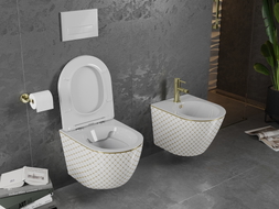 Mexen Lena toaletă WC Rimless cu scaun cu coborâre lentă slim, duroplast, albă/aurie model grilaj - 30224009