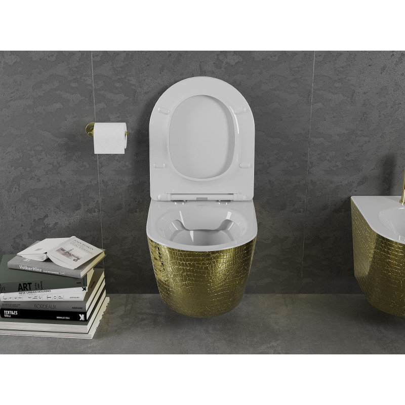 Mexen Lena Rimless WC csésze lassan záródó slim duroplast üléssel, fehér/arany pikkely minta - 30224008