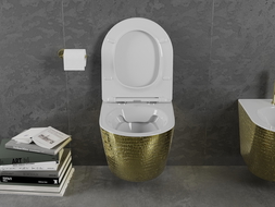 Mexen Lena perem nélküli WC csésze, lassan záródó slim duroplast ülőkével, fehér/arany pikkelyminta - 30224008