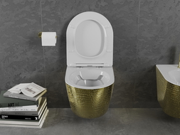 Mexen Lena perem nélküli wc csésze leeresztő automatikás ülőkével, duroplast, Fehér/arany pikkely minta - 30224008
