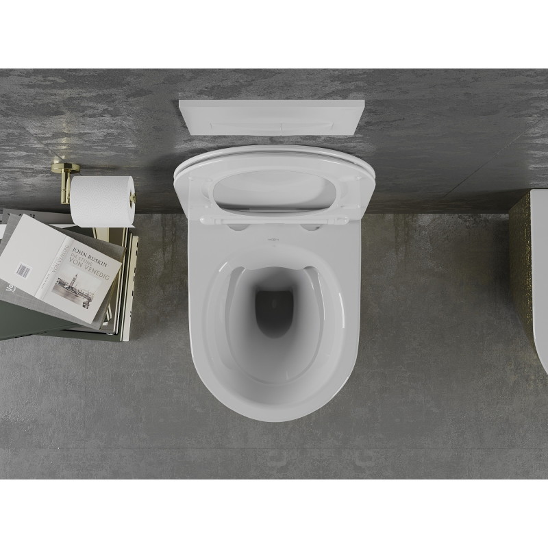 Mexen Lena Rimless WC csésze lecsukódó slim duroplast ülőkével, fehér/arany pikkely minta - 30224008